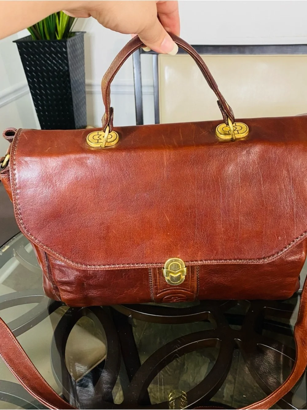 Vintage Marino Orlandi Brown Leather Satchel Bag - Made in Italy - Gold Hardware